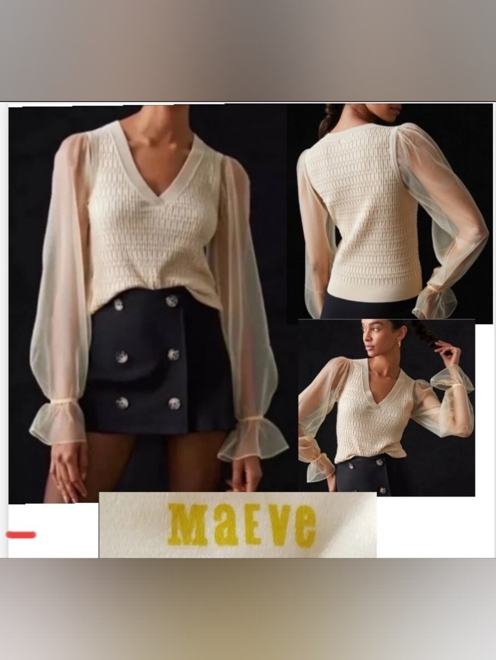 Maeve Cream V-Neck Knit Top with Sheer Puff Sleeves